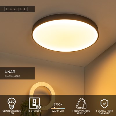 Lucide UNAR - Plafonnière - Ø 60 cm - LED 3 StepDim - 1x60W 2700K - Zwart